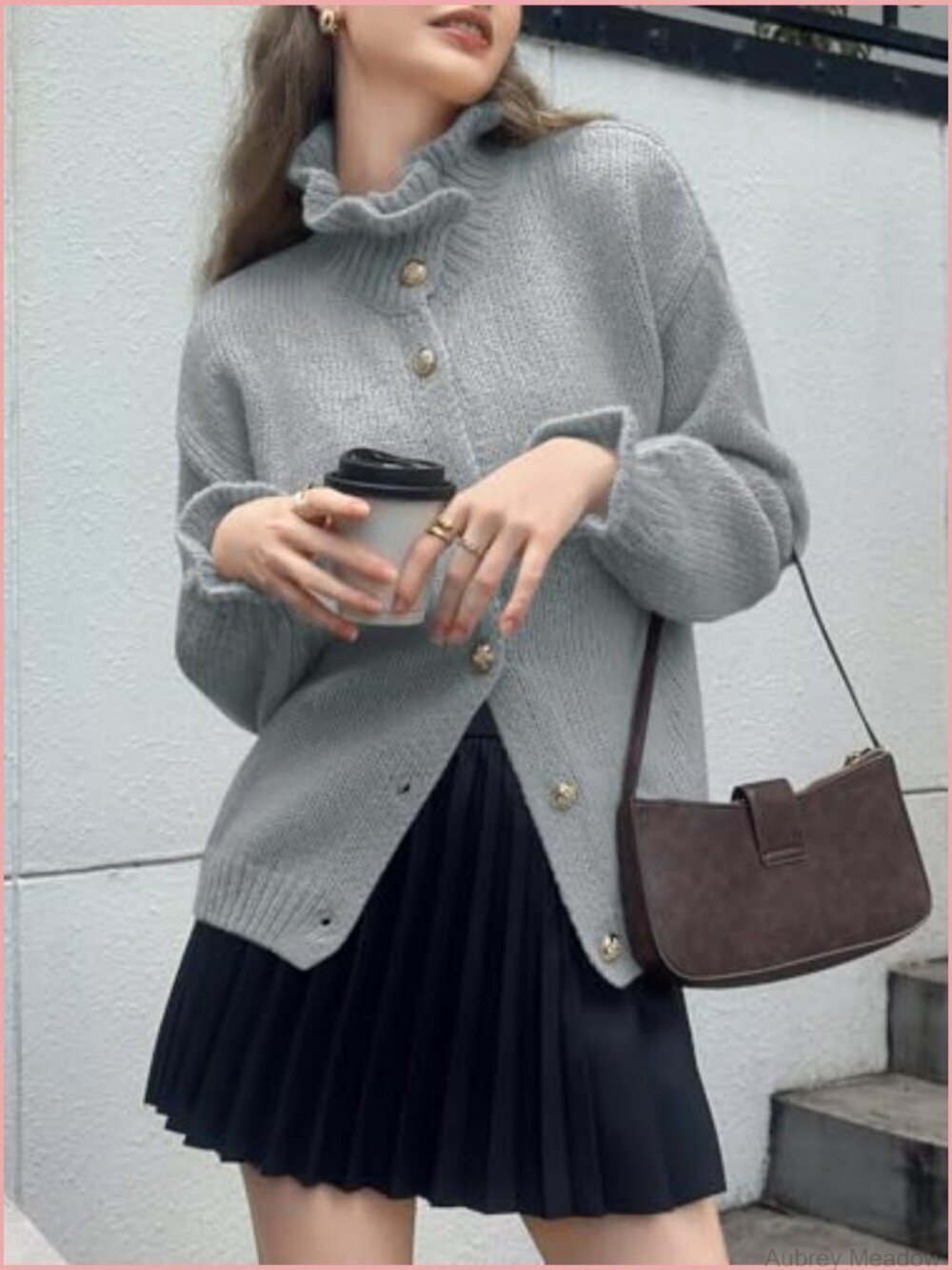 Oversized Ruffle Cardigan Button Front Ribbed Knit Long Sleeve Loose Sweater - Picture 4 of 7